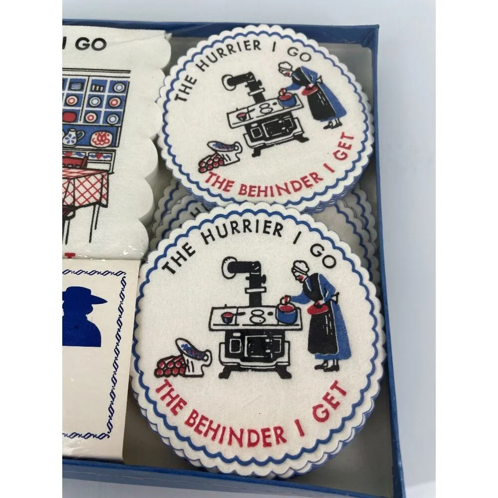The Hurrier I Go The Behinder I Get Napkin & Coaster Set, NEW Sealed Vintage